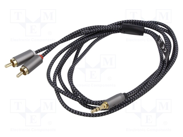 Cable; Jack 3.5mm 3pin plug,RCA plug x2; 2m; black-gray; PVC