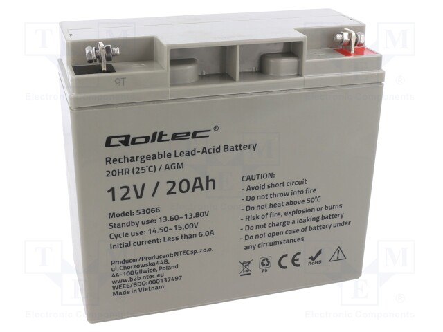 Re-battery: acid-lead; 12V; 20Ah; AGM; maintenance-free