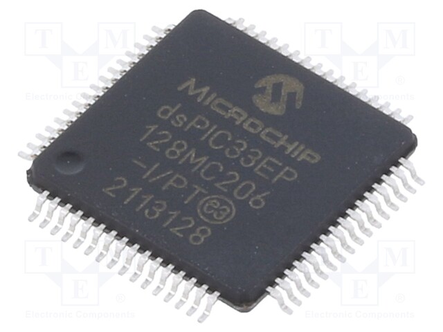 DsPIC microcontroller; SRAM: 16kB; Memory: 128kB; TQFP64; 0.5mm