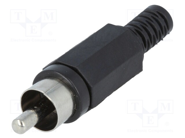 Plug; RCA; male; with strain relief; straight; soldering; black