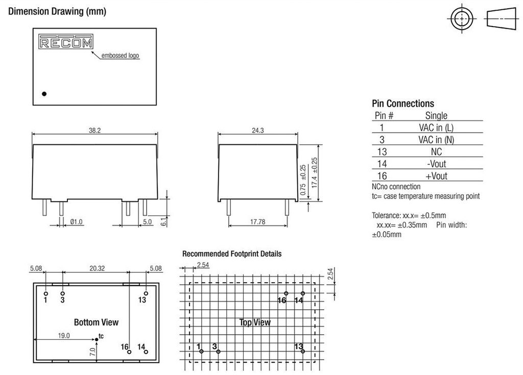Converter: AC/DC; 3W; Uout: 24VDC; Iout: 125mA; 80%; Mounting: PCB