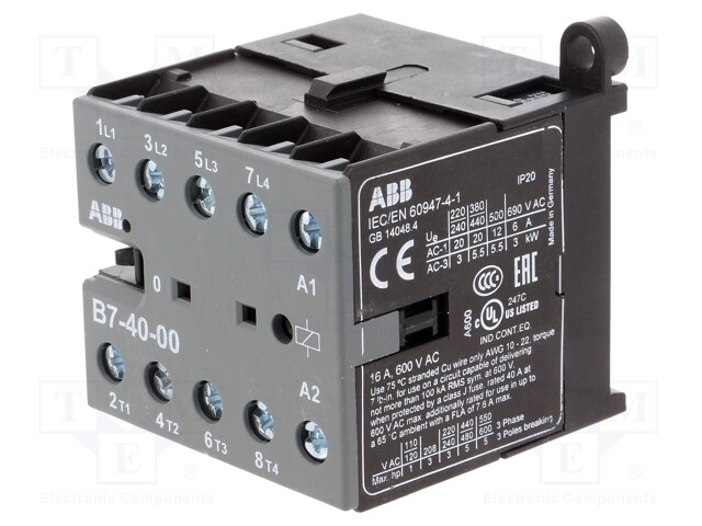 Contactor: 4-pole; NO x4; 220÷240VAC; 7A; DIN,on panel; B7