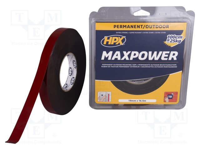 Tape: fixing; W: 19mm; L: 16.5m; D: 1.1mm; V: double-sided; acrylic