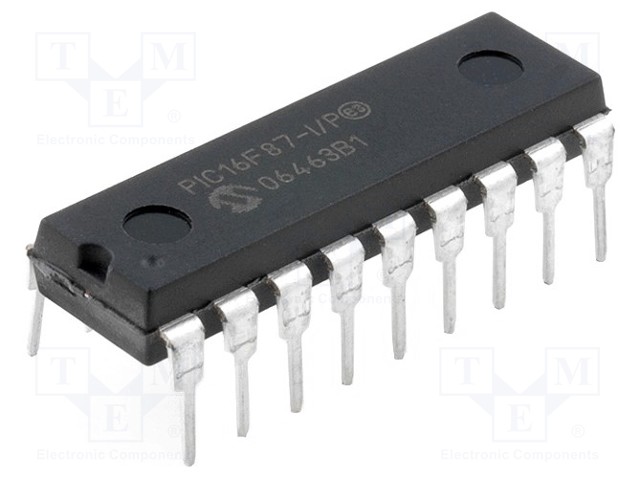 PIC microcontroller; Memory: 7kB; SRAM: 368B; EEPROM: 256B; THT