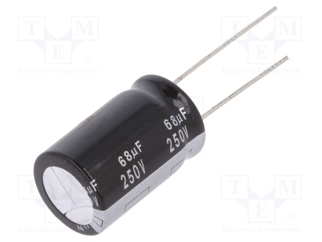 Capacitor: electrolytic; THT; 68uF; 250VDC; Ø16x25mm; Pitch: 7.5mm