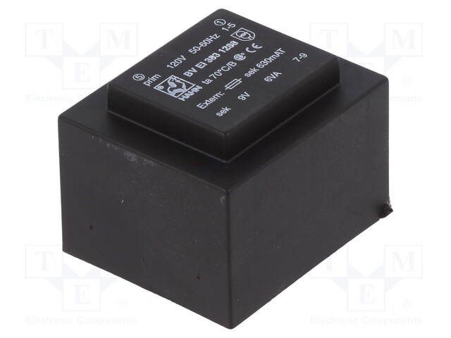 Transformer: encapsulated; 6VA; 120VAC; 9V; 667mA; Mounting: PCB
