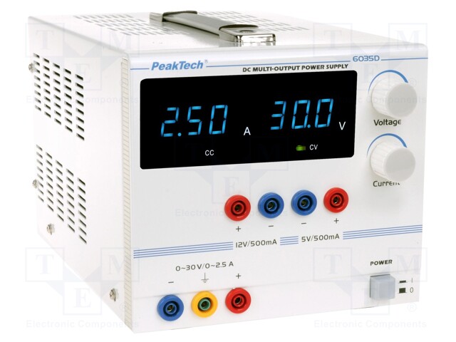 Power supply: laboratory; Channels: 3; 0÷30VDC; 0÷2.5A; 5VDC; 500mA