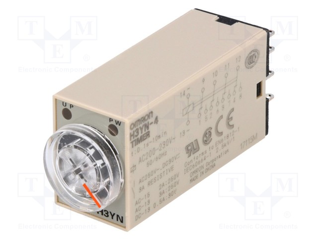 Timer; 0,1s÷10min; 4PDT; 250VAC/3A; 200÷230VAC; socket; -10÷50°C
