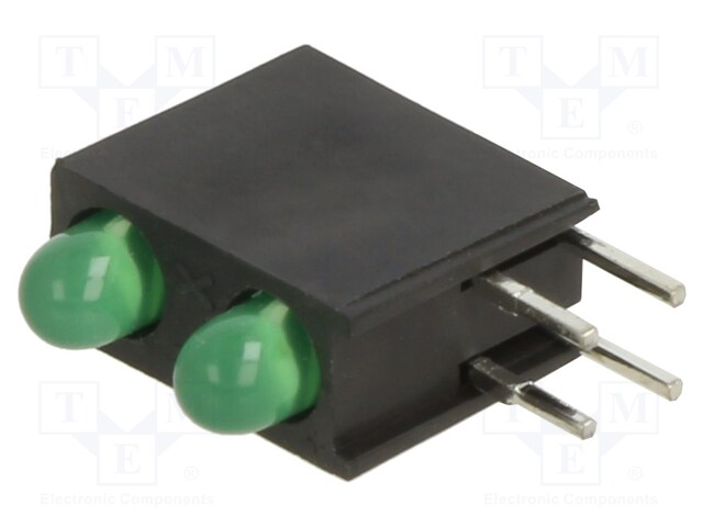 Circuit Board Indicator, Green, 2 LEDs, Through Hole, T-1 (3mm), 20 mA, 40 mcd