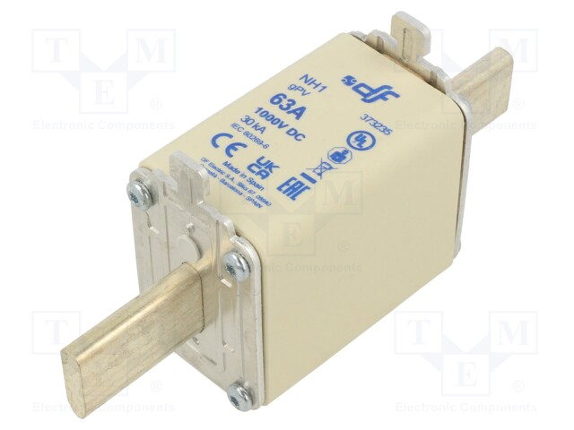 Fuse: fuse; gPV; 63A; 1kVDC; ceramic,silver; NH1