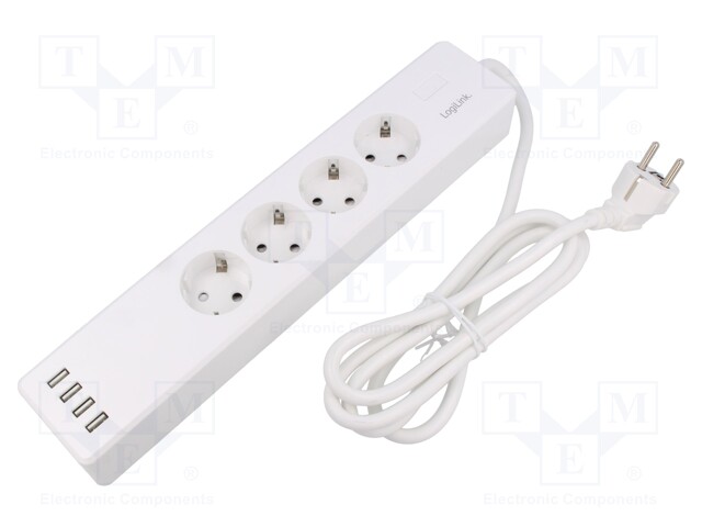 Plug socket strip: protective; Sockets: 4; 230VAC; 10A; white; IP20