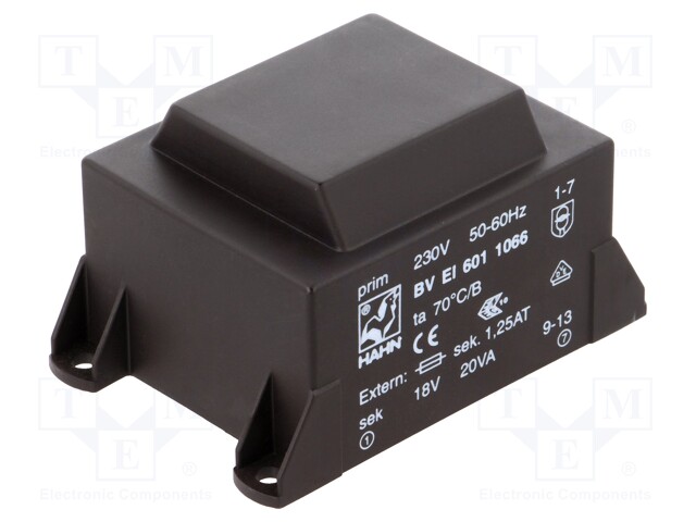 Transformer: encapsulated; 20VA; 230VAC; 18V; 1112mA; Mounting: PCB