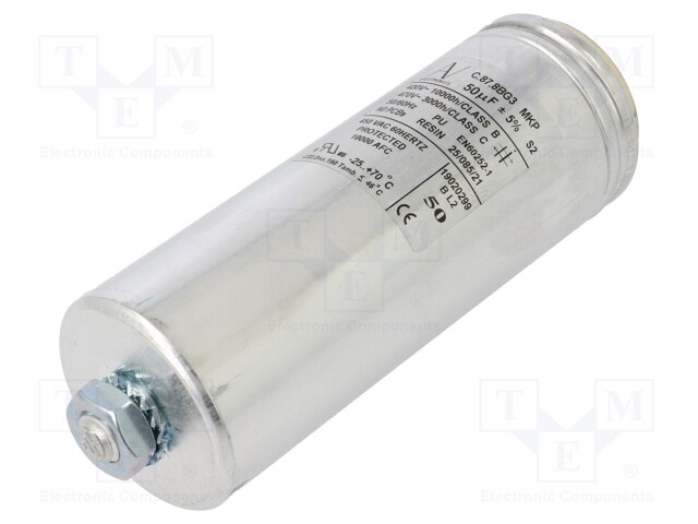 Film Capacitor, 50 µF, C87 Motor Run Series, 470 VAC, Quick Connect, Snap-In, ± 5%, 20 V/µs