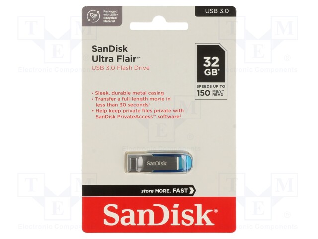 Pendrive; USB 3.0; 32GB; R: 150MB/s; USB A; ULTRA FLAIR; blue