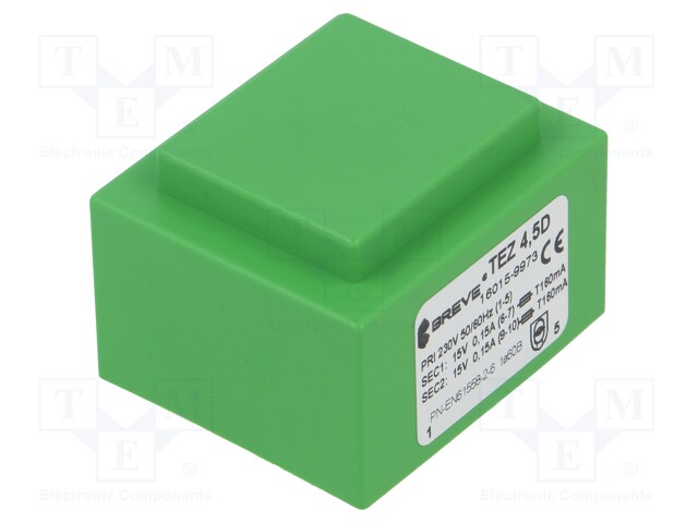 Transformer: encapsulated; 4.5VA; 230VAC; 15V; 15V; 150mA; 150mA