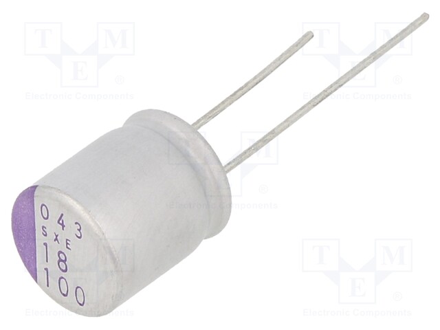 Polymer Aluminium Electrolytic Capacitor, 18 µF, 100 V, Radial Leaded, OS-CON SXE Series, 0.03 ohm