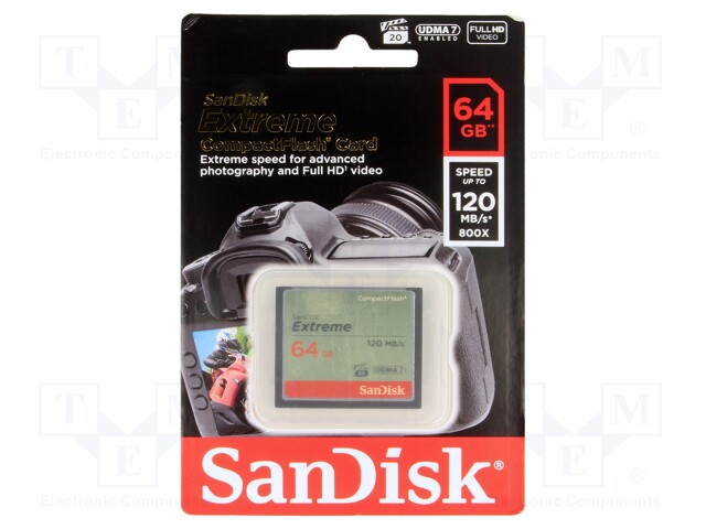 Memory card; Compact Flash; 64GB; Read: 120MB/s; Write: 60MB/s