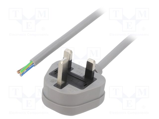 Cable; 3x1mm2; BS 1363 (G) plug,wires; PVC; 1m; grey; 13A; 250V