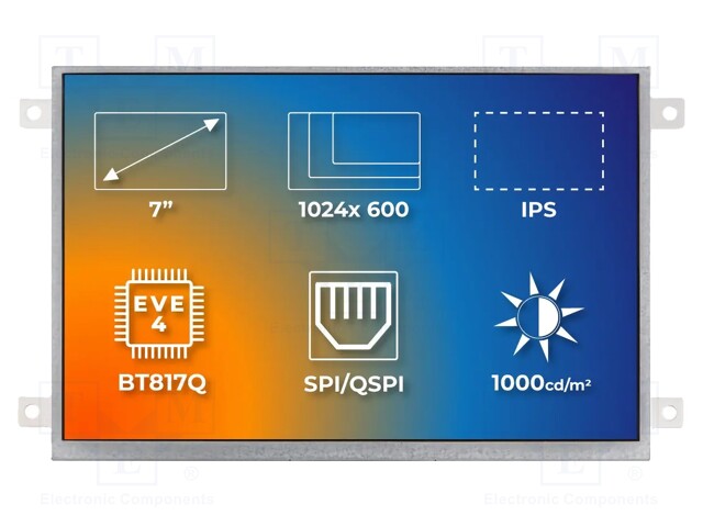 Display: TFT; 7"; 1024x600; Illumin: LED; Dim: 181.6x100.6x11.09mm