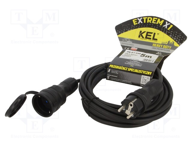 Extension lead; Sockets: 1; rubber; black; 3x1,5mm2; 5m; 16A