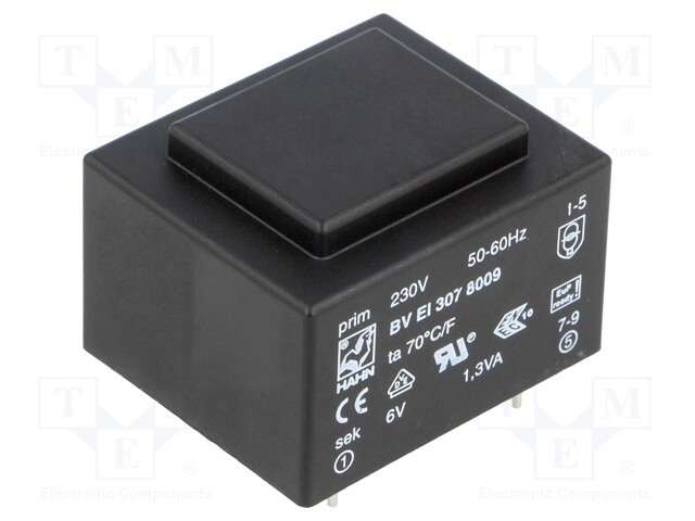 Transformer: encapsulated; 1.3VA; 230VAC; 6V; 216mA; Mounting: PCB