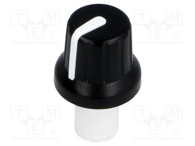 Knob; with pointer; ABS; Shaft d: 6mm; Ø16x14.4mm; black; push-in