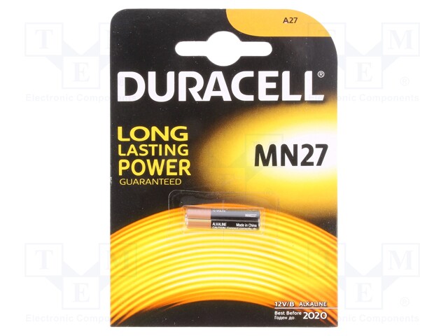 Battery: alkaline; 12V; 27A,8LR50,A27,MN27; Batt.no: 1; Ø8x28mm