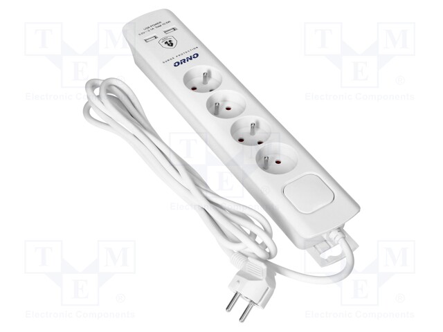 Plug socket strip: protective; Sockets: 4; 230VAC; 10A; white; 3m