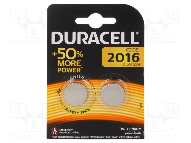 Battery: lithium; 3V; CR2016,coin; Batt.no: 2; Ø20x1.6mm