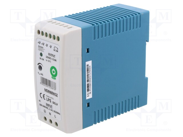 Power supply: switched-mode; 60W; 12VDC; for DIN rail mounting