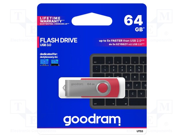 Pendrive; USB 3.0; 64GB; Read: 110MB/s; Write: 20MB/s; Colour: red