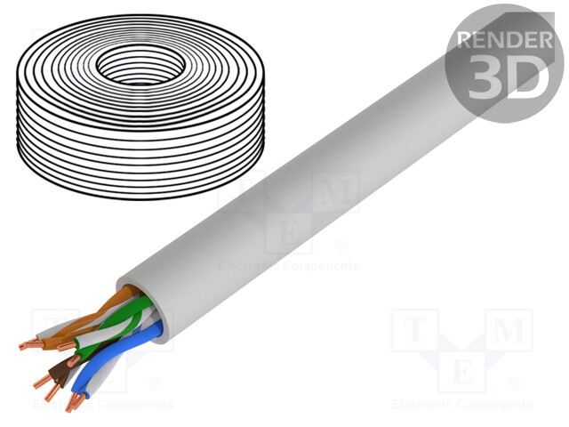 Wire; U/UTP; 5e; solid; Cu; 4x2x24AWG; PVC; grey; 50m