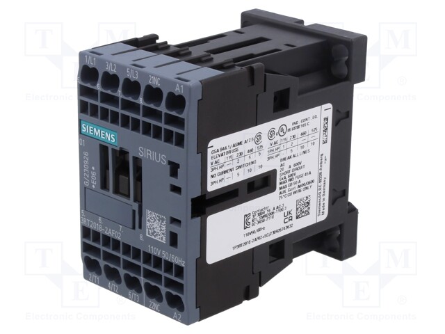Contactor: 3-pole; NO x3; Auxiliary contacts: NC; 110VAC; 17A; 690V