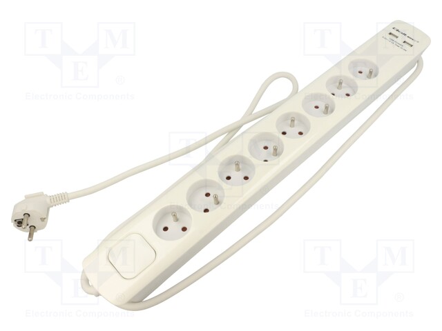 Plug socket strip: protective; Sockets: 8; 230VAC; 16A; white