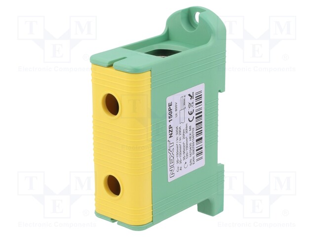 Splice terminal: rail; 150mm2; ways: 1; terminals: 2; yellow-green