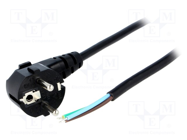 Cable; 3x0.75mm2; CEE 7/7 (E/F) plug angled,wires; PVC; 5m; black