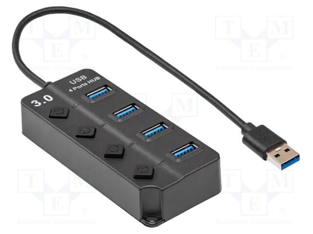 Hub USB; USB 3.0; with switch; black; Number of ports: 4; 0.3m