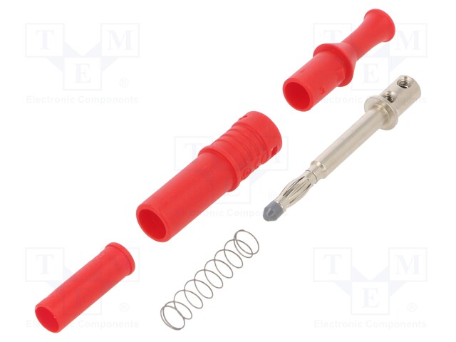 Plug; 4mm banana; 36A; red; insulated; 80.4mm; nickel plated