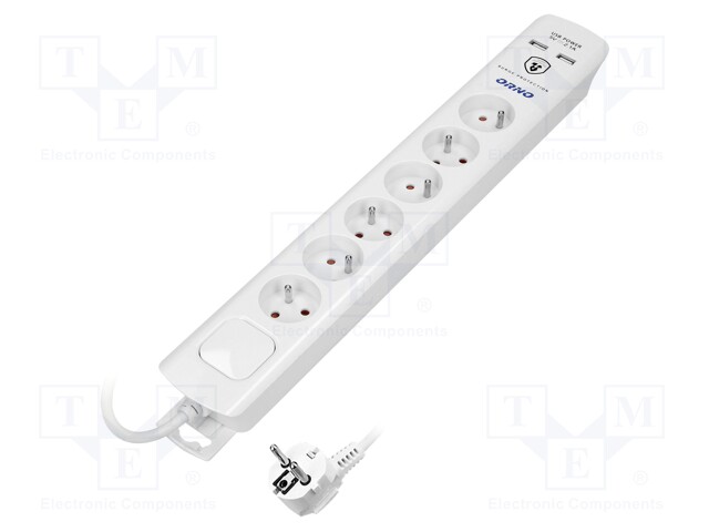 Plug socket strip: protective; Sockets: 6; 230VAC; 10A; white; 3m