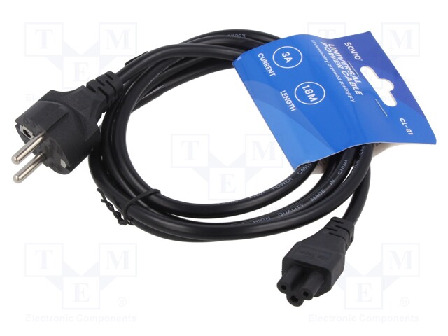 Cable; CEE 7/7 (E/F) plug,IEC C5 female; PVC; 1.8m; black; 3A