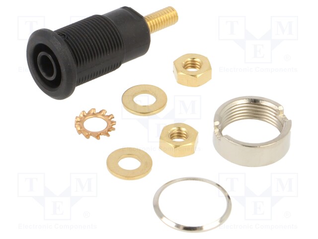 Socket; 4mm banana; 32A; black; gold-plated; Overall len: 33mm