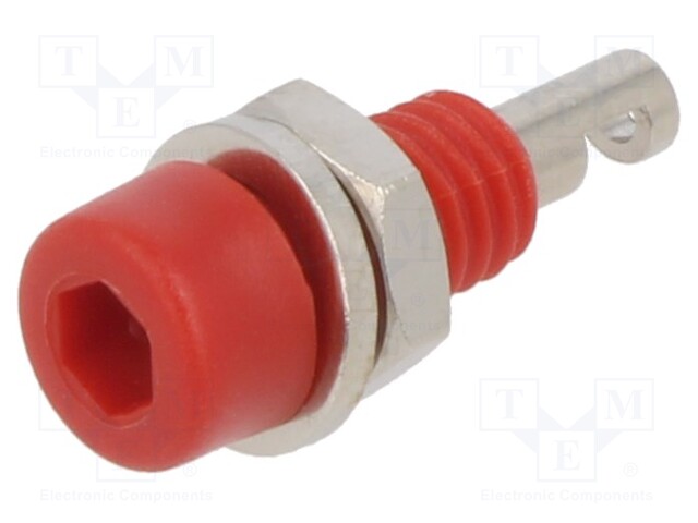 Socket; 2mm banana; 10A; red; on panel,screw; insulated; -20÷80°C