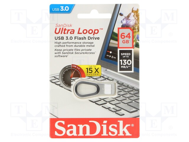 Pendrive; USB 3.0; 64GB; 130MB/s; USB A; ULTRA LOOP; Colour: silver