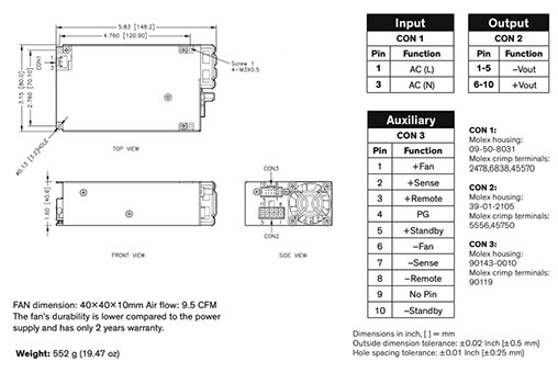 Power supply: switched-mode; modular; 450W; 48VDC; 9.4A; 552g; 94%