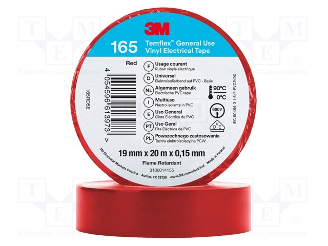 Tape: electrical insulating; W: 19mm; L: 20m; Thk: 0.15mm; red; 200%