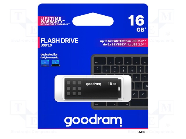 Pendrive; USB 3.0; 16GB; Read: 60MB/s; Write: 20MB/s; Colour: black