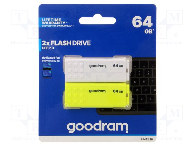 Pendrive; USB 2.0; 64GB; R: 20MB/s; W: 5MB/s; USB A; white,yellow