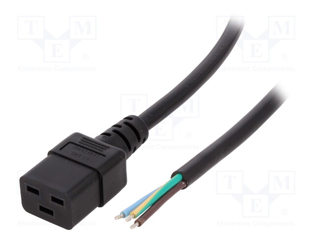 Cable; IEC C19 female,wires; Len: 1.8m; black; PVC; 3G1,5mm2
