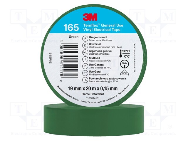 Tape: electrical insulating; W: 19mm; L: 20m; Thk: 0.15mm; green