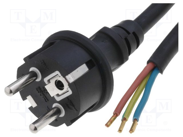 Cable; CEE 7/7 (E/F) plug,wires; 3m; black; neoprene; 3x1mm2; 10A